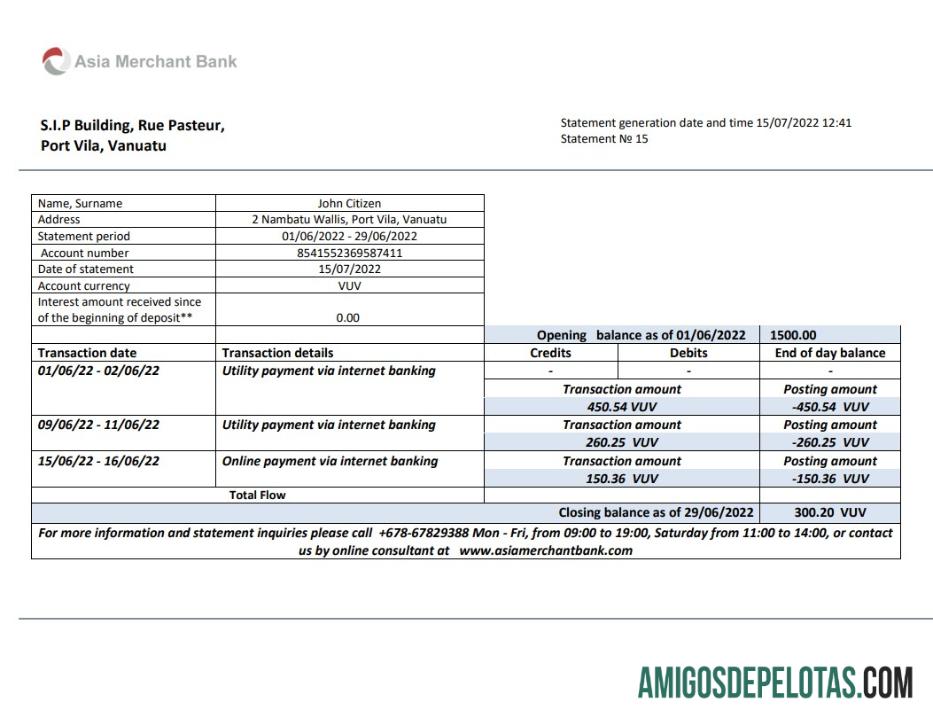 Exemplo de extrato do Vanuatu Asia Merchant Bank